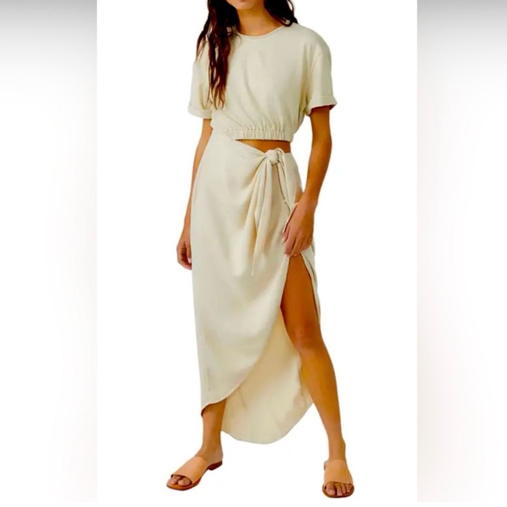 Free People Women's Rae Short Sleeve Side Cut-Out Maxi Dress Khaki | Small S